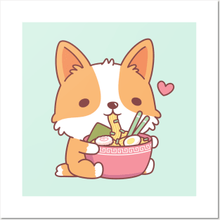 Cute Corgi Dog Eating Japanese Ramen Noodles Posters and Art